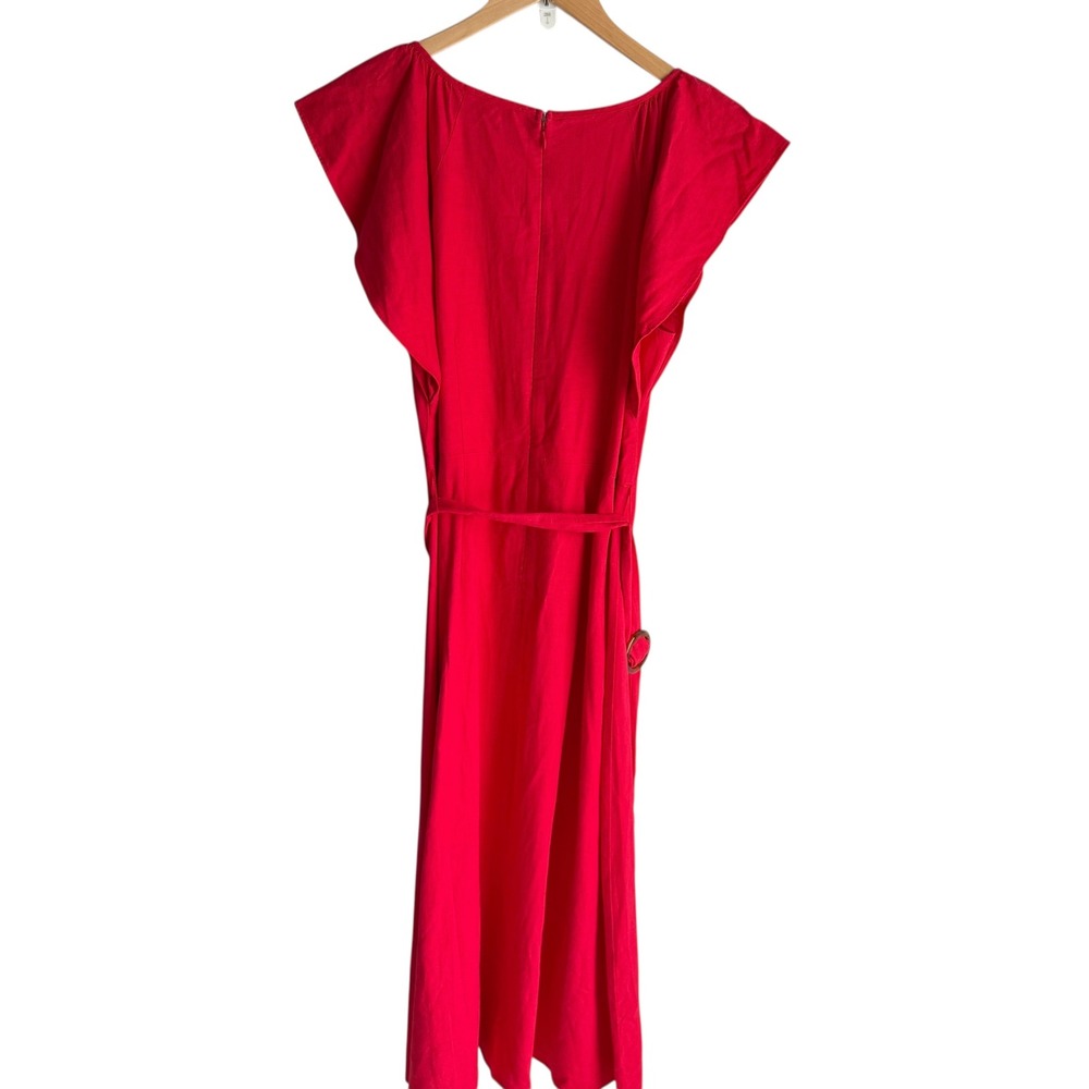 NWT LOFT OUTLET Coral Flutter Sleeve Linen Blend Ladies Belted Dress, 6 - Picture 2 of 7